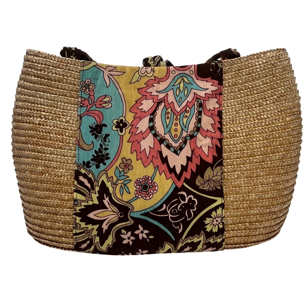 Ann Taylor Loft Paisley Fabric Straw Raffia Tote Wooden Handles Tie Bohemian
